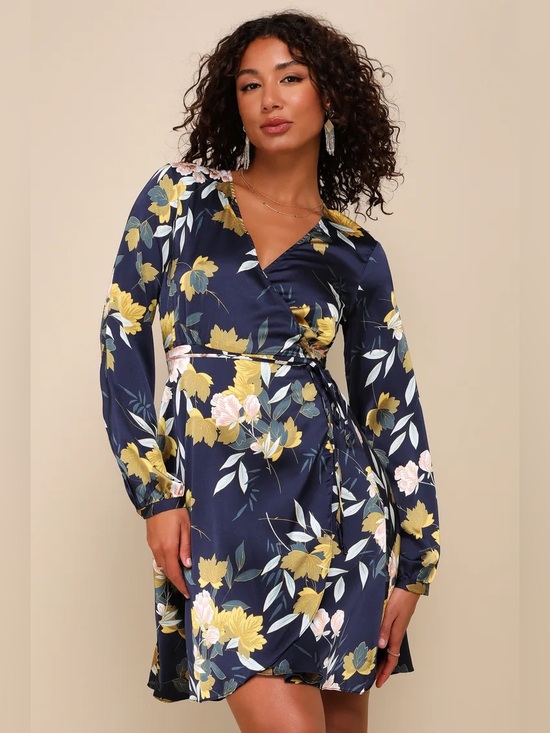 Lulus Dresses & Skirts - Lulus Love is Life Navy Blue Floral Print Satin Wrap Dress - Size Small